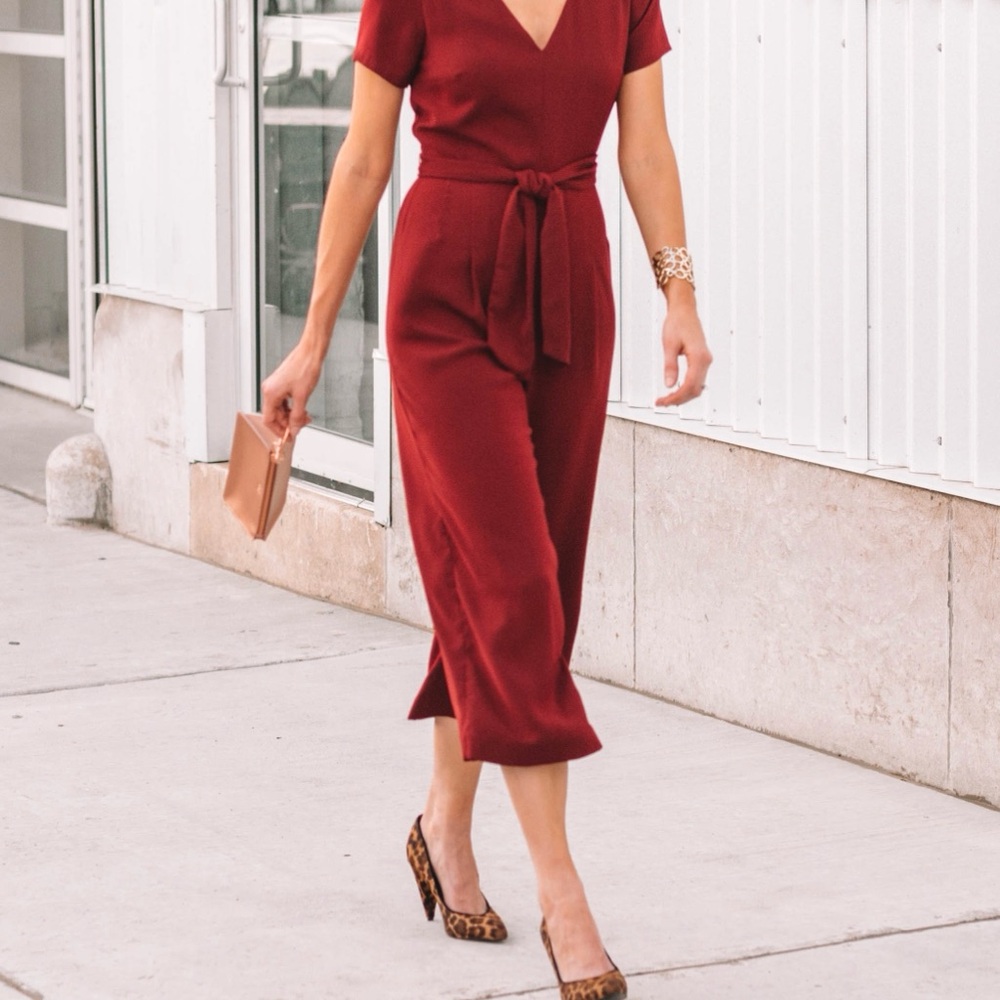 Charles Henry Elegant Belted Crop Red Jumpsuit